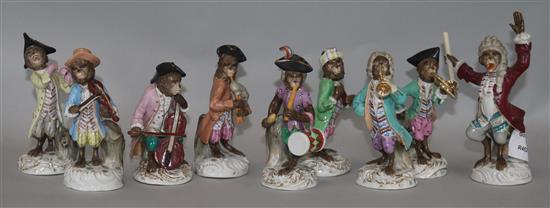 A nine piece Sitzendorf porcelain monkey band 9.5- 14cm